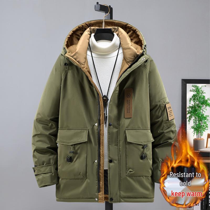 Men's Plus Size 2023 Trendy Mid-Length Cotton Jacket - Winter Warm Hooded Korean Style Workwear