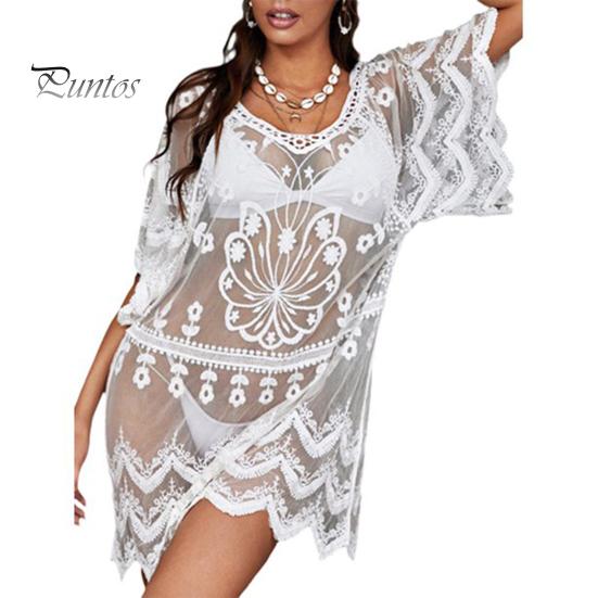 

Сексуальное пляжное бикини, накидка с v-образным вырезом и половиной рукавов, вышивка, цветочный узор, прозрачная сетчатая накидка, свободный крой, ультратонкий купальник, накидка белый