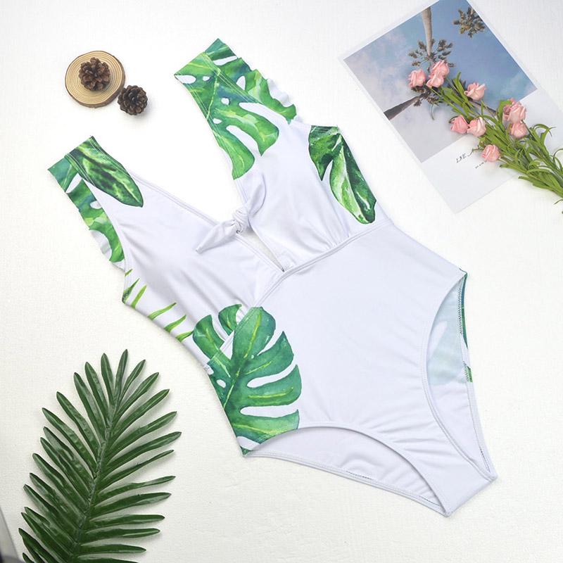 Wzburzyć Bikini Jednoczęściowy strój kąpielowy Kobiety Stroje kąpielowe Backless V-Neck Monokini Print Kostium kąpielowy