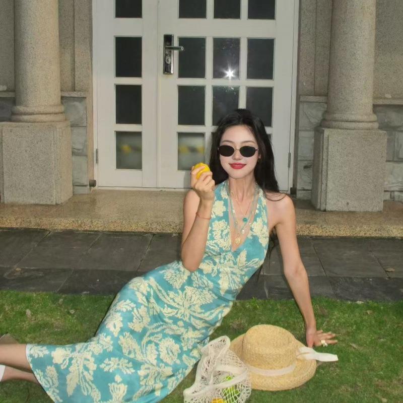 Star Peacock Blue Collar Floral Neck Suspender Dress Women's Summer French Vacation Backless Temperament Long Dress