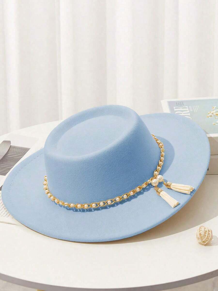 Adult Fedora Hat With Pearl Chain And Tassel Wool Felt Hat For Fall Winter Onesize синий