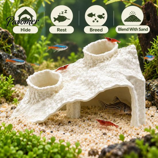 Safe Fish Hiding Spot Aquarium Corner Hideout, under Gravel Betta Cave Tunnel, Tank Stone-Look Hideout Viewing Tunnel for Shrimp Freshwater Ornament