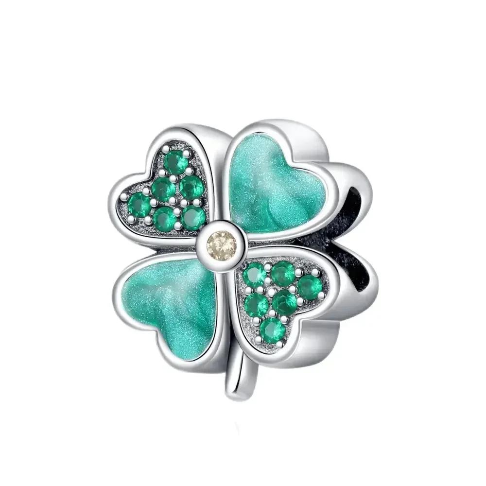 Copper Green Series Four-Leaved Clover Pendant Fine Beads Fit Original Bracelet Charms Women Jewelry