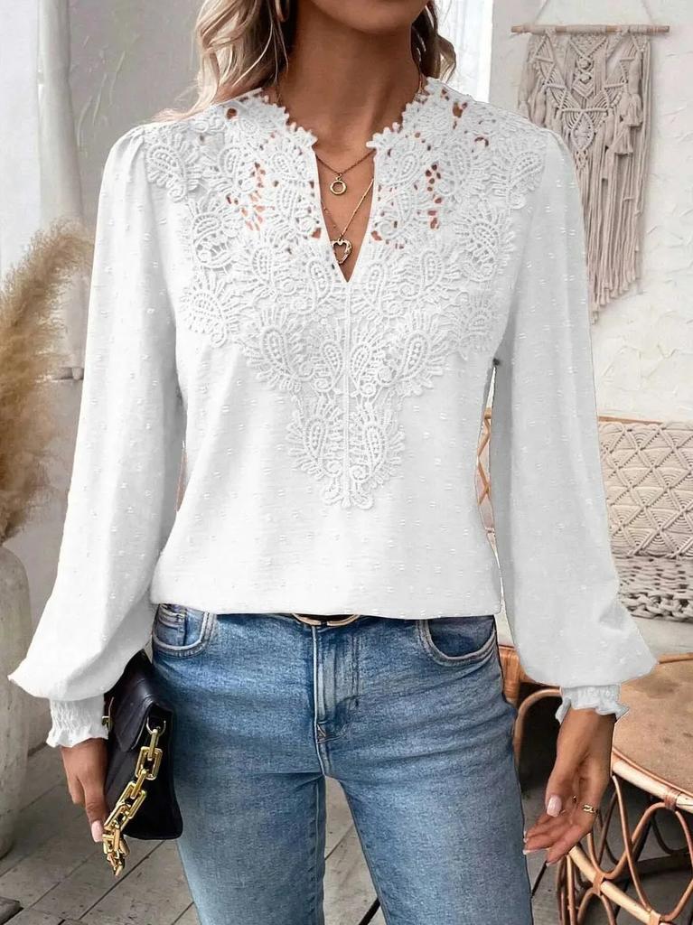 Women V Neck Lace Solid Long Sleeve Casual T Shirt