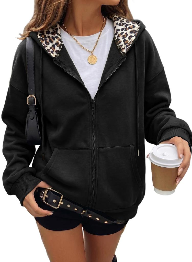 Damen Leopard Print Reißverschluss Hoodie Langarm Fleecegefüttert Lässige Sweatshirtjacke