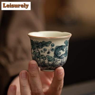 2 pz/lotto Tazza da tè Imitazione Forno Song Ru Motivo Pesce Alghe Tazza a Bocca Piccola Tazza Singola da Maestro Tazza da Meditazione Ciotola Servizio da tè Kung Fu