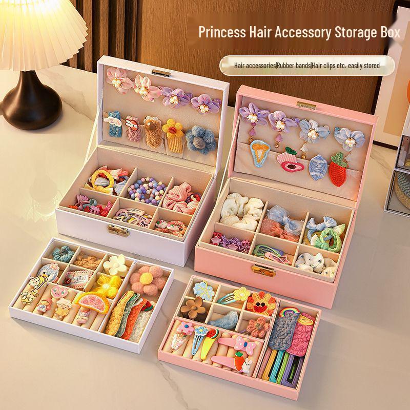 Girls' Hair Accessory Organizer: Large Leather Box with Drawer for Clips & Bands