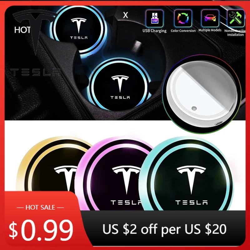 מדבקת רכב טסלה תאורת LED נטענת USB לרכב 7 צבעים משתנים תחתיות לכוסות מים עבור טסלה דגם 3 דגם S דגם
