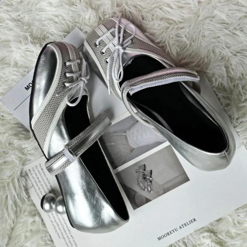 Fashion Designer Luxury High Heeled Ballet Shoes Woman Casual Loafers Square Toe Strange Style Cross Strap Shallow Silver Mary Jane Shoe