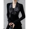 Retro Splicing V-neck Bottoming Shirt T-shirt for Women to Wear Autumn Winter Waist Slim Long-sleeved Top