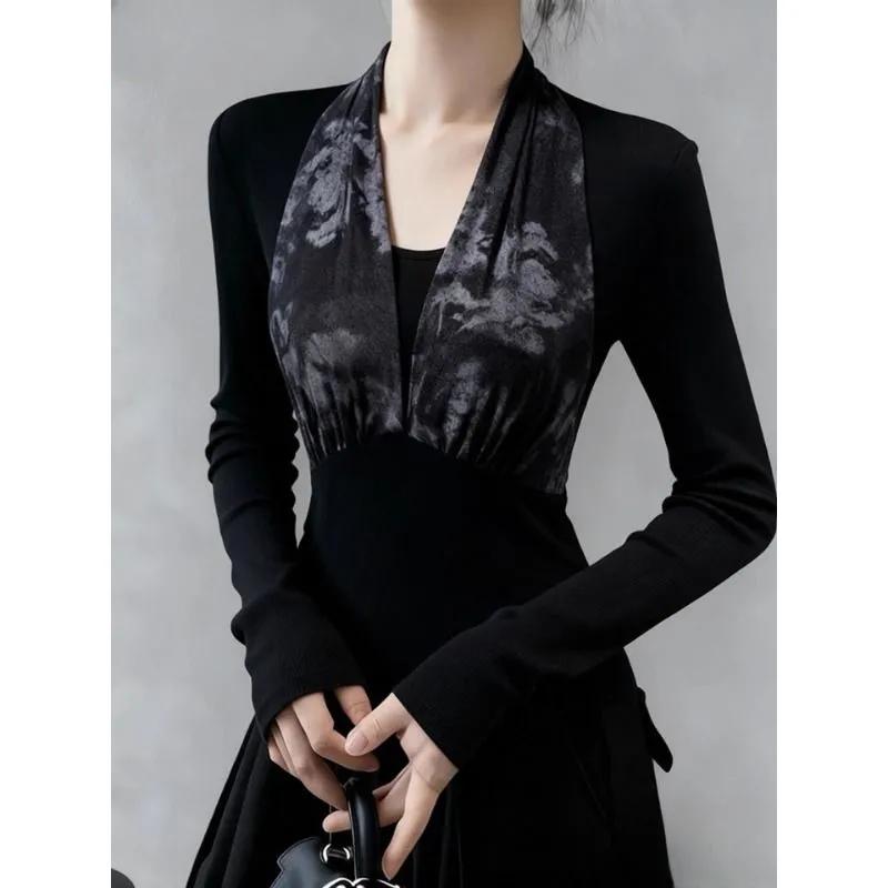 Retro Splicing V-neck Bottoming Shirt T-shirt for Women to Wear Autumn Winter Waist Slim Long-sleeved Top