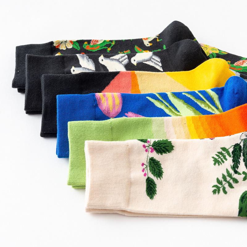 Módní pánské ponožky Česané bavlněné ponožky Kreslené zvíře Pták Květ Geometrické Novelty Crew Socks