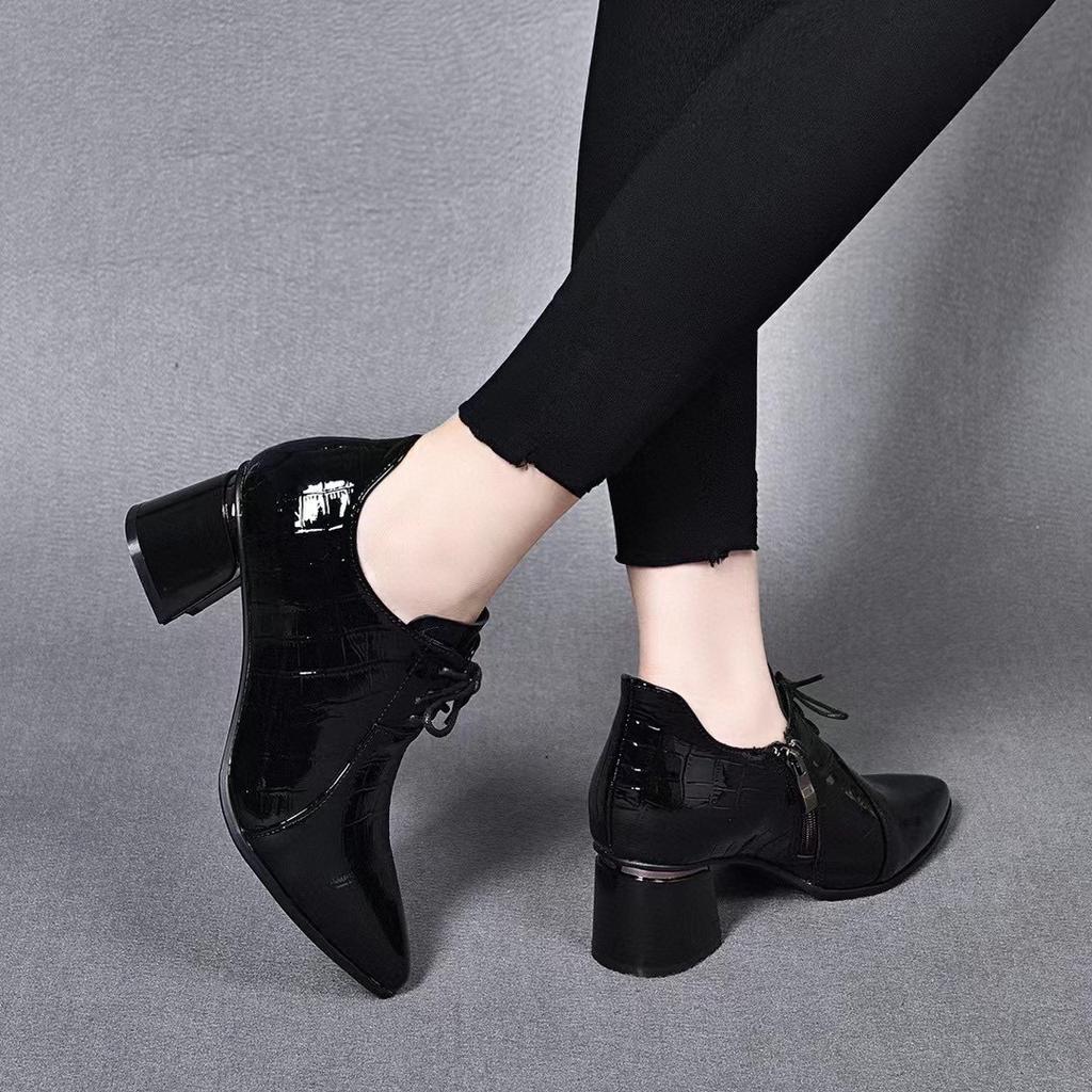 Fashion Pointed High Heels Autumn New Thick Heel Lace-up Small Leather Shoes Cow Patent Leather Deep Mouth Women's Shoes