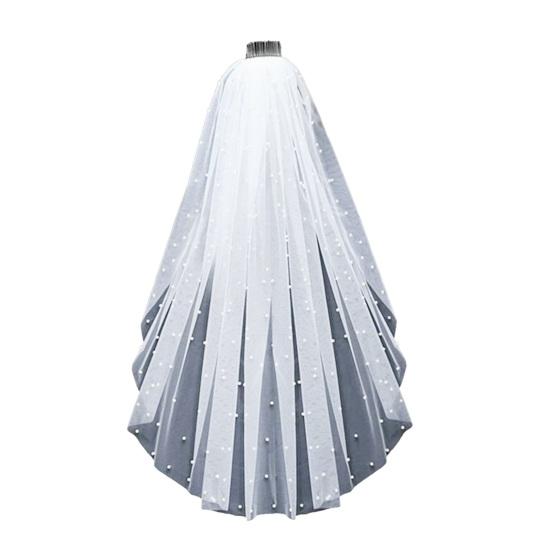 Bridal Veil with Faux Pearls Embellishment Women Lightweight Breathable Tulle Bride Veil Lightweight Short Bridal Veil