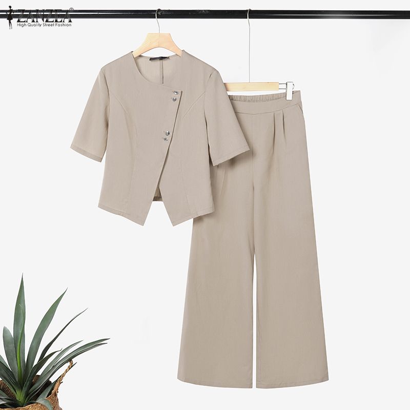 ZANZEA Completo estivo da donna a due pezzi con camicetta a maniche corte e pantaloni lunghi