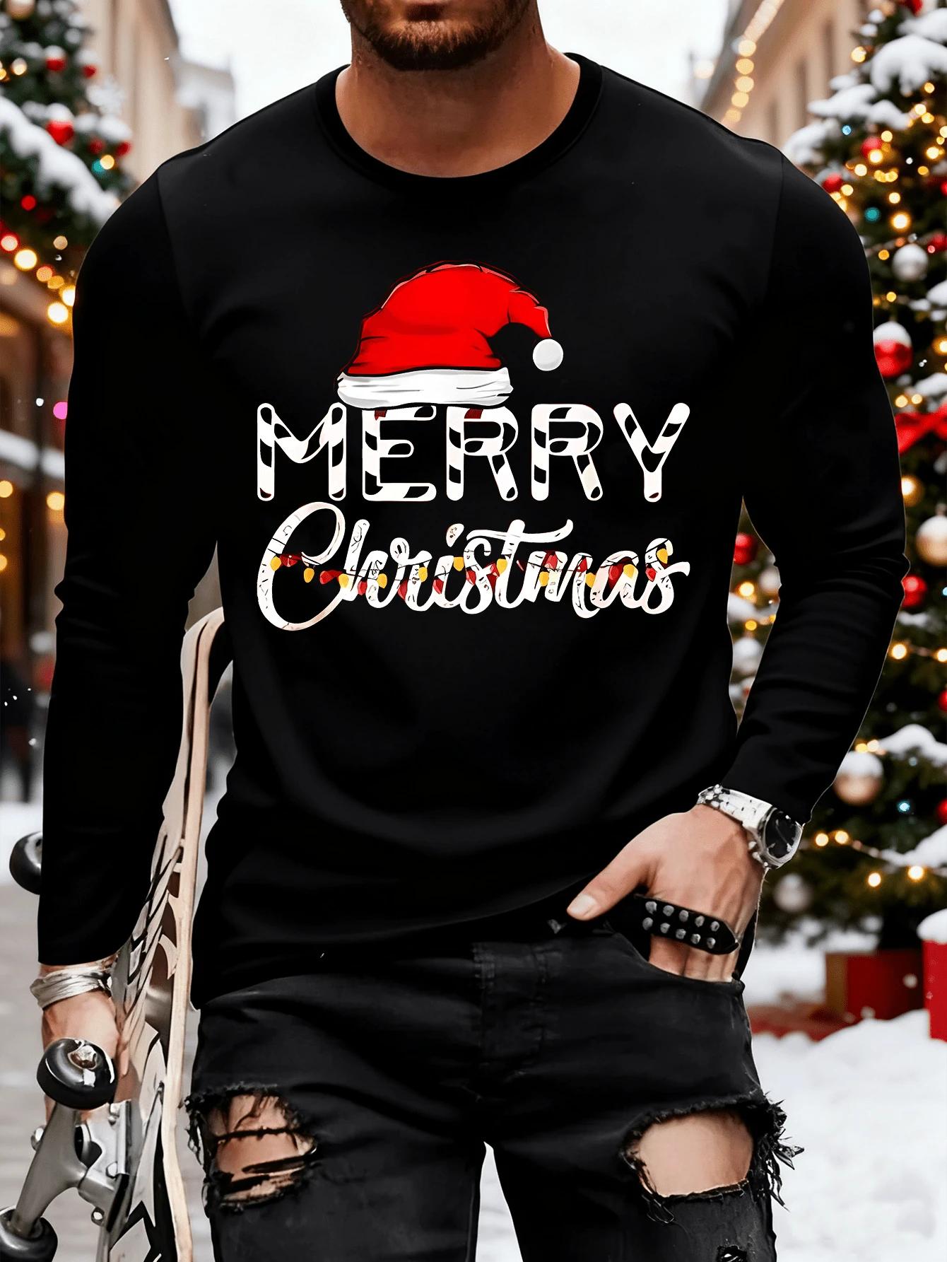 singbulk Men s Cotton Christmas Print Long Sleeve T-Shirt, Casual Sport Comfort Crew Neck Top, Casual Style Stylish Tee S