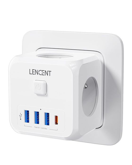 Multiprise Murale - LENCENT - 7 En 1 - 3 Sorties AC - 3 Ports USB - Type C 15W