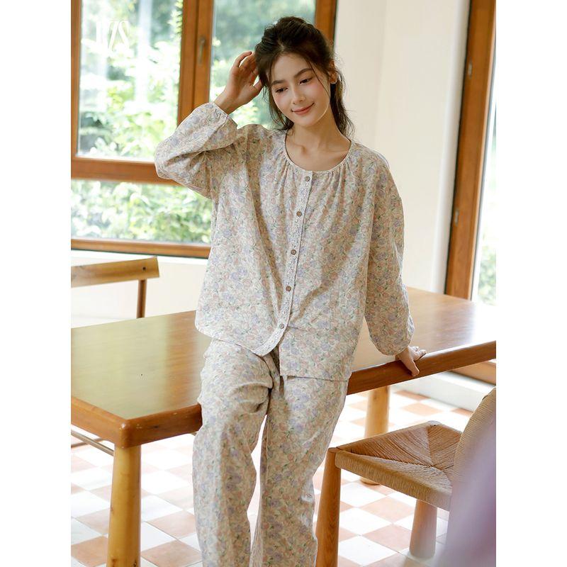 24 Years Fall and Winter New Arrival Cotton Double-Layer Gauze Long Sleeves Home Wear Bath Light Print Lace Pajamas Suit