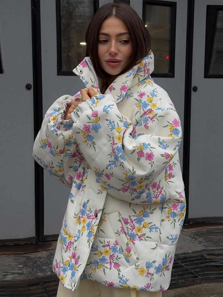 Damen Baumwollgepolsterte warme Jacke Damen dünne Daunenjacke Damen bedruckte Reißverschlussreversjacke Modestil Herbst und Winter