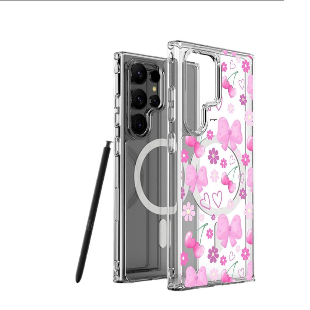 Pink Floral Magnetic Phone Case for iPhone 15/16/17 Pro Max - Transparent Full Coverage.