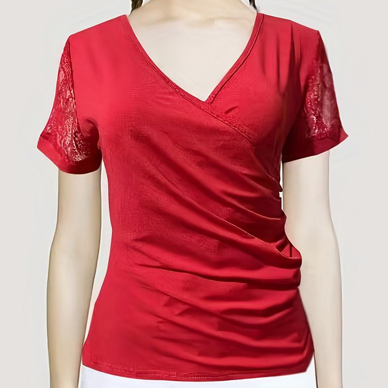 Women Summer Short Sleeve V Neck Pleated Slim Fit T Shirt Top