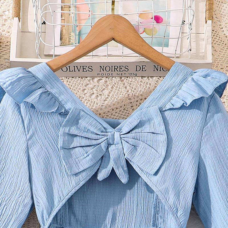Girl Clothing 2026 Spring Autumn New Fairy Long Sleeve Chic Bow Mid-Length Blue Dress