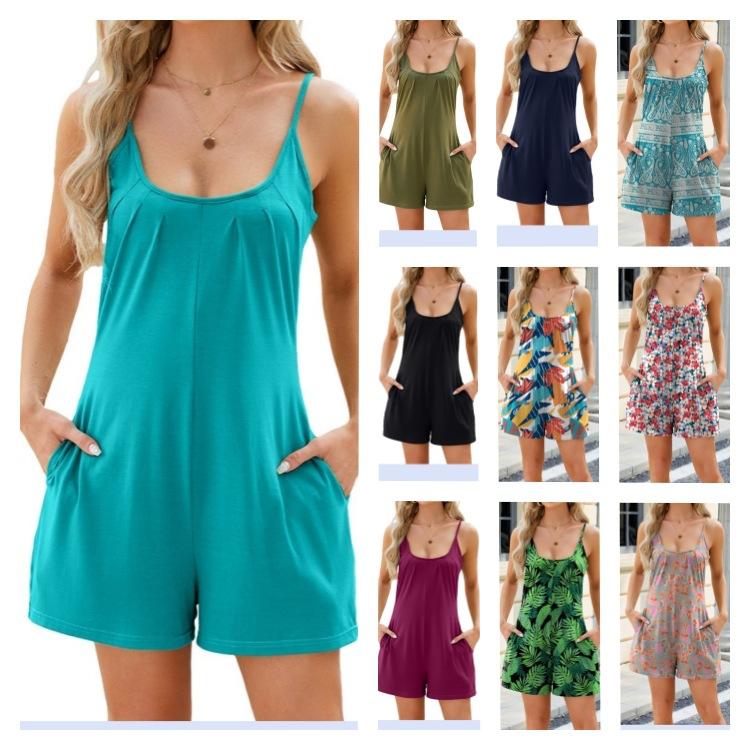 Summer Printed Sleeveless Suspender Jumpsuit Shorts Women Casual Loose Jumpsuits Wide Leg Overalls Rompers