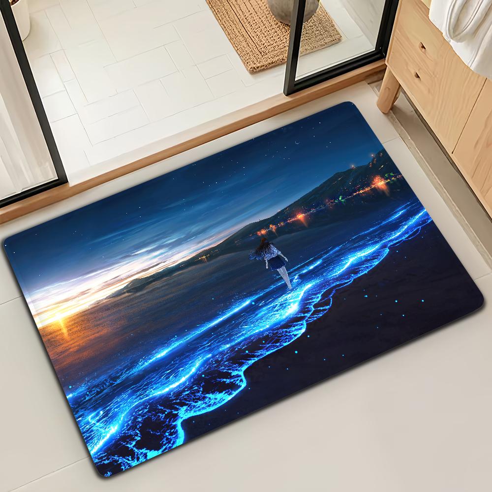 Ocean Spring Beach Wave Summer Door Mat Bath Microfiber Decorative Versatile Flannel Floor Mat Quick Dry Absorbent Non-slip Sole