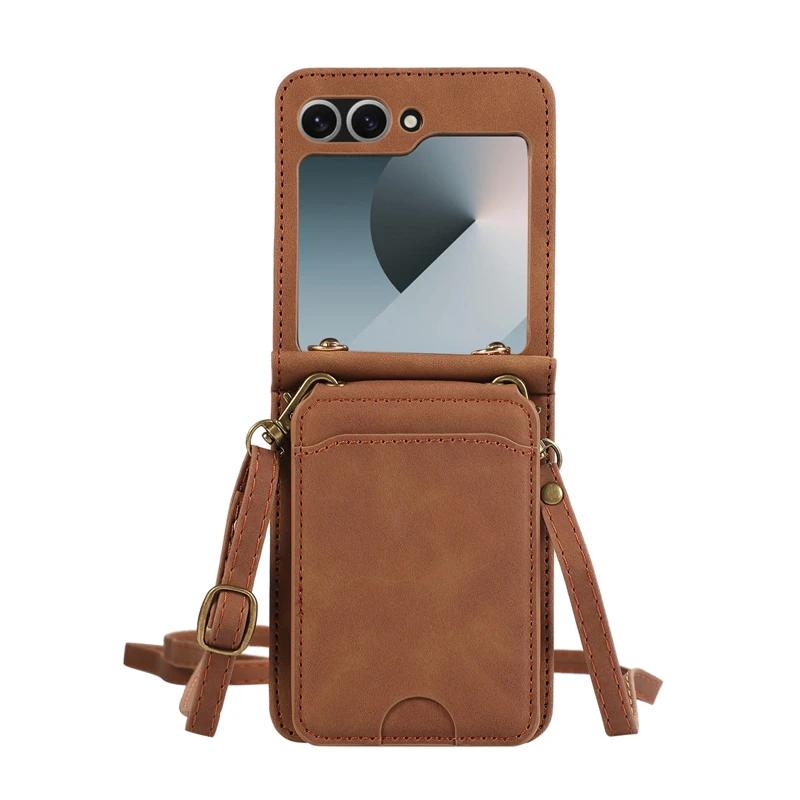 

Шкіряний гаманець-холдер для карток для Samsung Galaxy Z Flip 6 5 4 3 ZFlip Flip6 Flip5 Flip4 Flip3 з сумкою-чохлом на шнурку через плече For Samsung z flip 5&Case & Strap коричневий