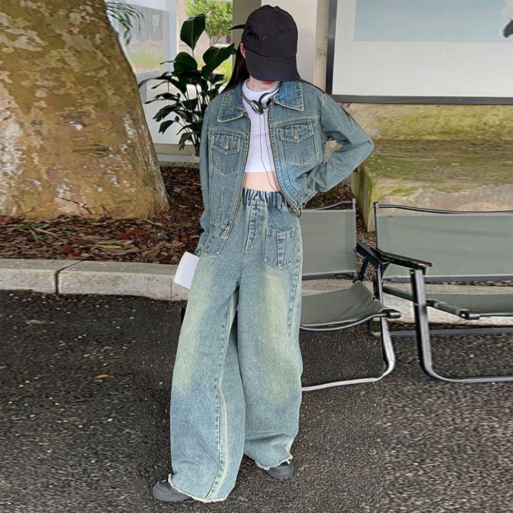 Y2K Jeans Jacket Suit Wide Leg Pants Girls Clothes Set Outfits Children Cowboy Set  Students
