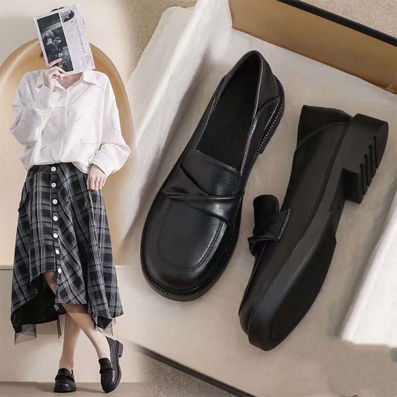 Black British Style Small Leather Shoes for Women's Spring and Summer New Soft Leather Soft Sole Single Shoes