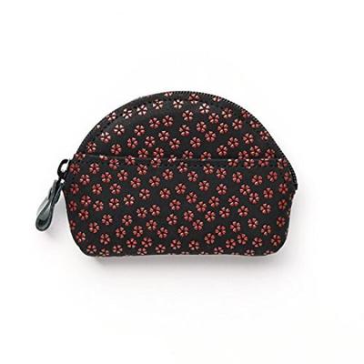 INDEN-YA Genuine Inden Leather Mountain-Shaped Zipper Coin Purse (Black with Red Lacquer, Small Cherry Blossom Pattern)  Authentic Women's Leather
