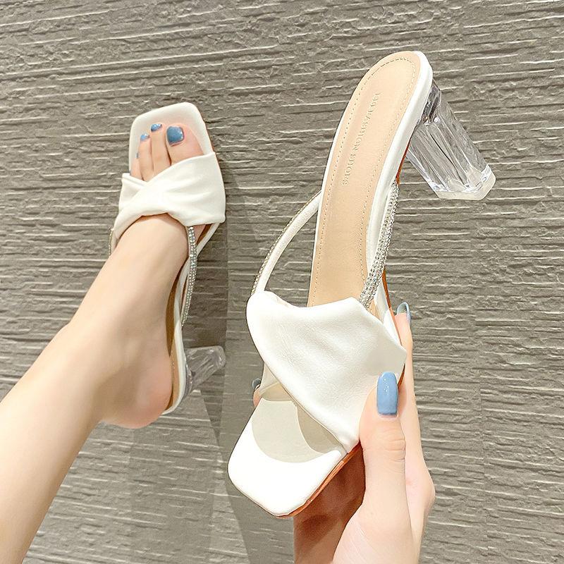 

Fashion French Style Fashion Women s Outdoor Wear Hot Selling 2025 Summer New Versatile Open Toe Thick High-heeled Crystal Slippers 40 белый