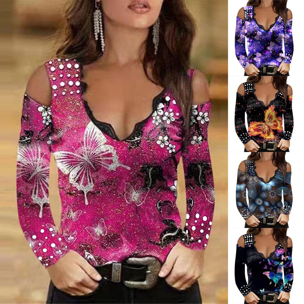 Women's Long Sleeve Sexy Floral Printed V-neck Lace Strapless T-shirt Blouse Top