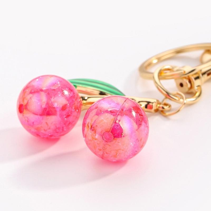 Sophisticated Resin Cherry Bag Charm with Glitter Key Ring Clip Stylish Metal Keychain Pendant Accessory for Purses