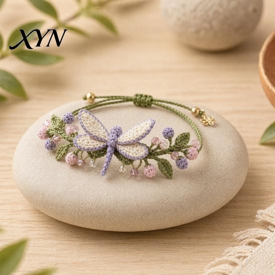 Artistic Bracelet DIY Nature-Inspired Crochet Kit, 3D Animals Plants Hand-Crocheted Handmade Kit Flower Maple Dragonfly Butterfly Jewelry Making Set,
