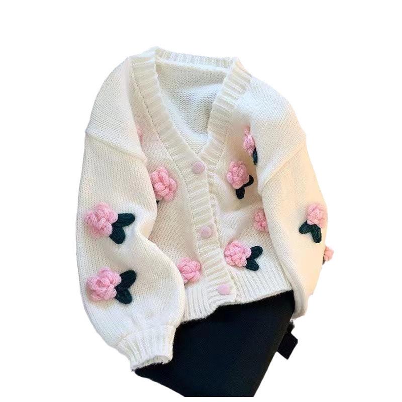 Korean Sweet Style 3D Flower Knit Cardigan - Women’s Soft, Loose, Age-Reducing Autumn/Winter Sweater