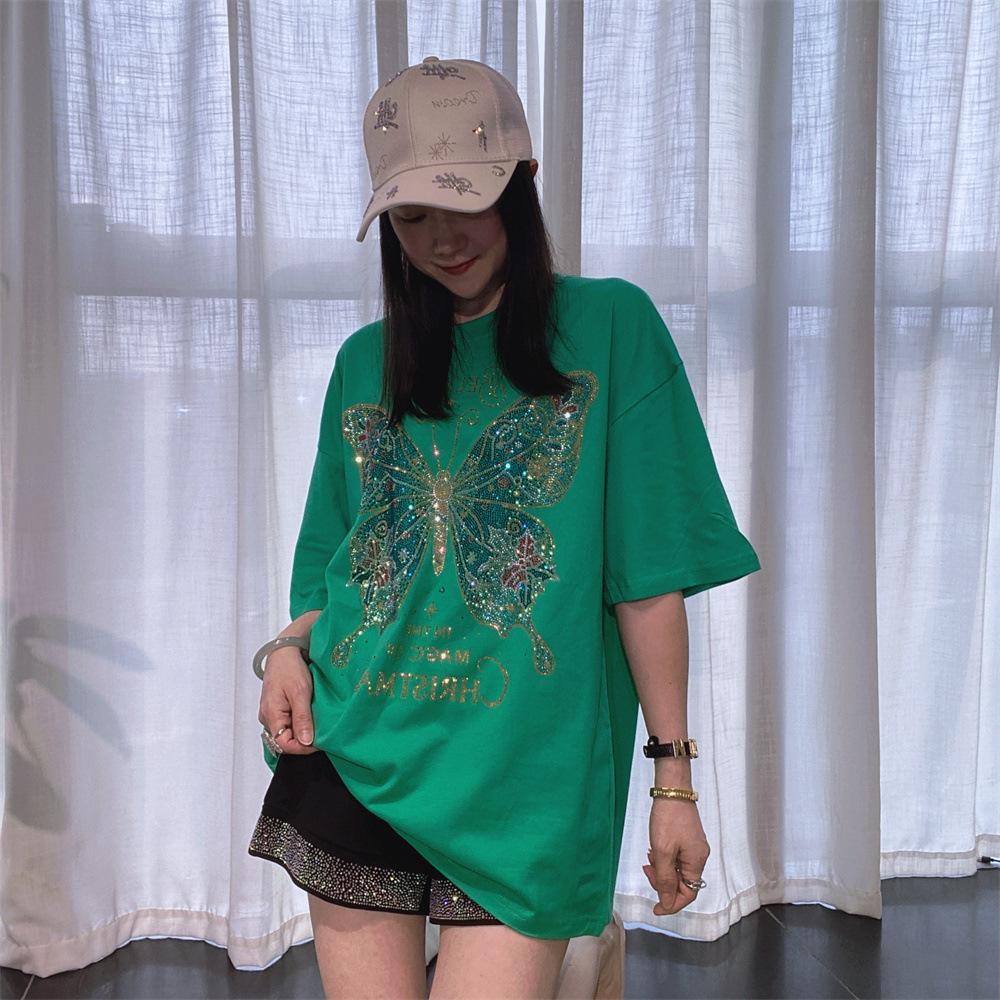 

Женские футболки с коротким рукавом больших размеров, с красочным мультяшным рисунком бабочки и бриллиантами, летняя повседневная свободная футболка с круглым вырезом, трикотаж XXXL(70kg-80kg) зелёный