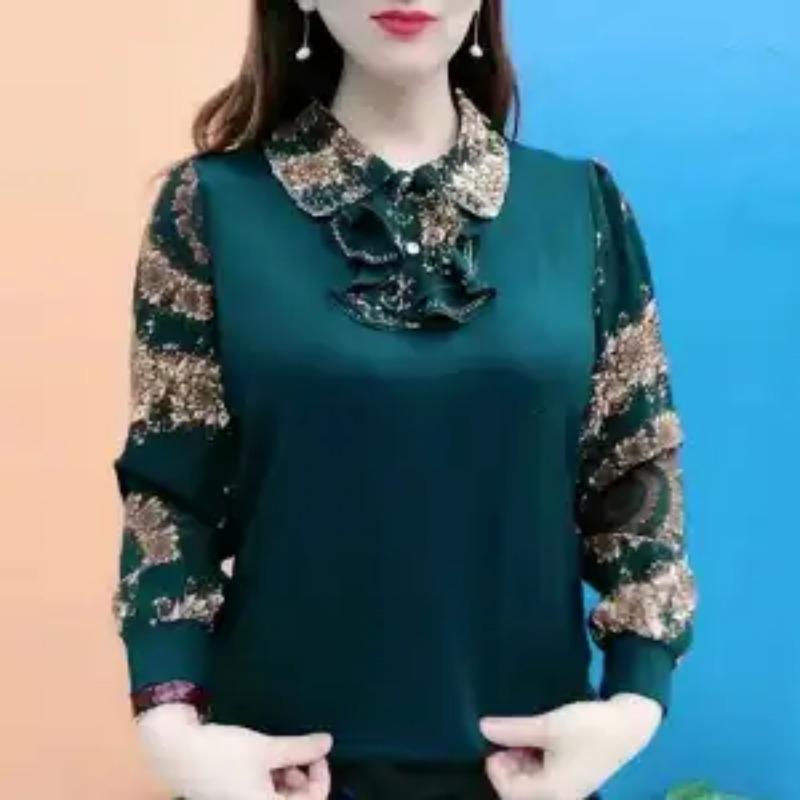 

Весенние топы для женщин Новые рубашки с цветочной лоскутной техникой Женские приталенные базовые рубашки M зелёный