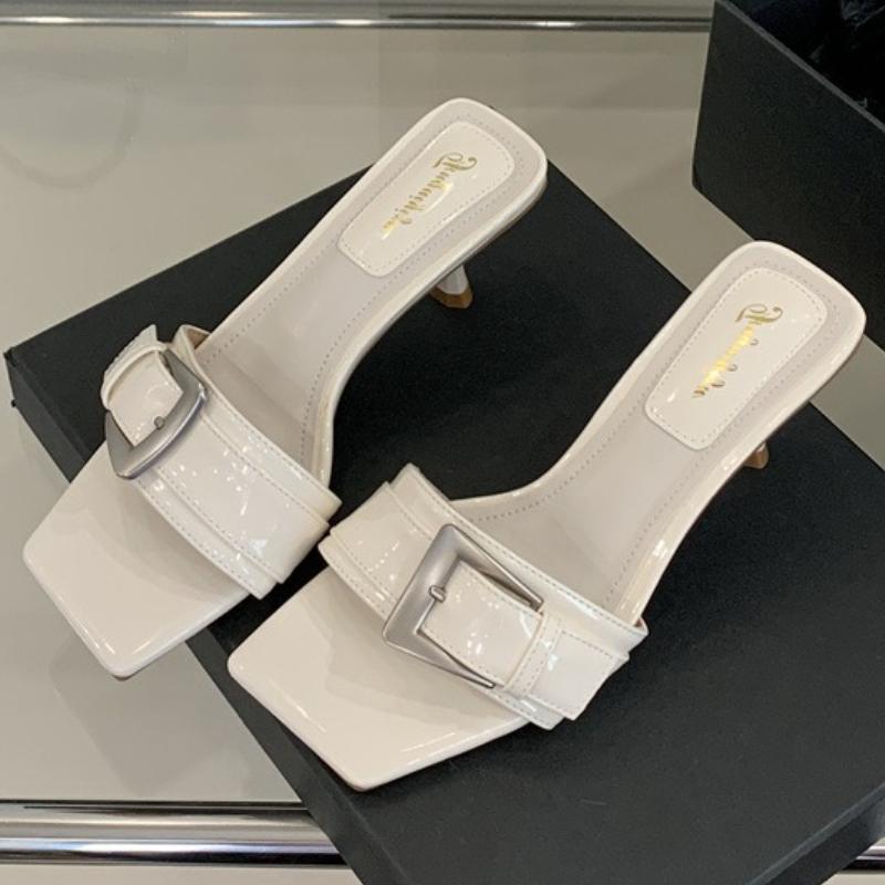 

Fashion Patent Leather Buckle Design Brand Slippers Women Fashion Open Toe Thin Heel Slide Sandals Elegant Comfortable High Heel Sandals 35 белый