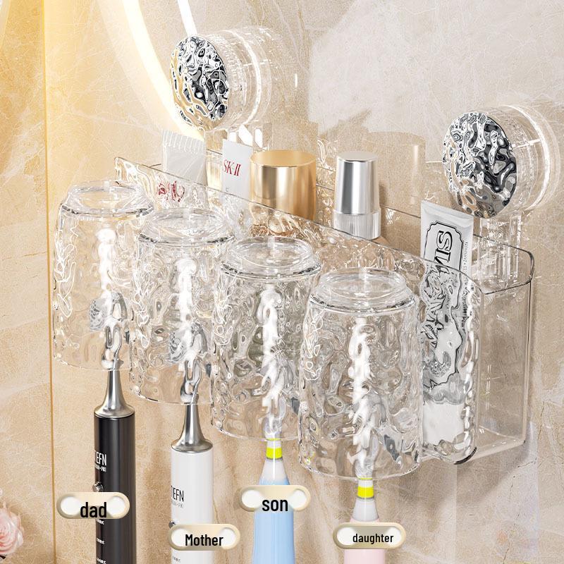 Wall-Mounted Suction Cup Toothbrush & Toothpaste Holder Set with Tooth Squeezer and Cup for Family Bathrooms