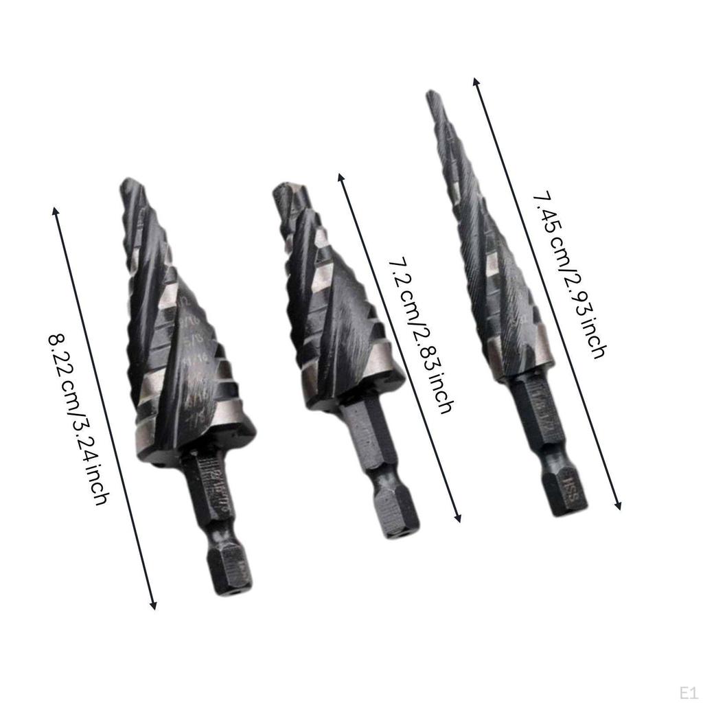 3 Pieces Step Boring Tool Set Standard Sizes Spiral Flute Bit Black Oxide Finish Hardware