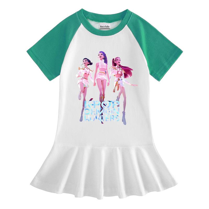 Kpop Monster Hunter Girls' Summer Pleated Dress - Stylish Color Block Ruffle Skirt for Children