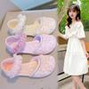 Girls Princess Shoes Lace Sweet Shiny Sequins Kids Dance Shoes Cute Flowers 2025 Summer New Children Half Sandals Non-slip Soft