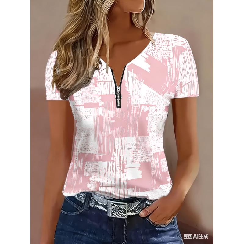 Women's T Shirt Zipper Quarter Zip Graphic Geometric Abstract Tropical Hawaiian Stylish