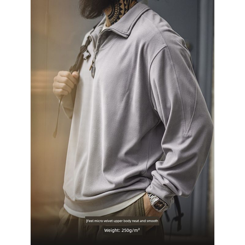 Madden Parka American Casual Half Zipped Stand Collar Stitching Long Sleeve T-shirt Lapel Pullover Solid Color Hoodie Men's Autumn
