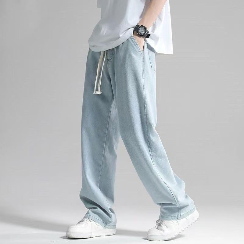 Fankes Jeans Men's Spring and Autumn New Loose Straight Elastic Waist Drawstring Versatile Casual Long Pants