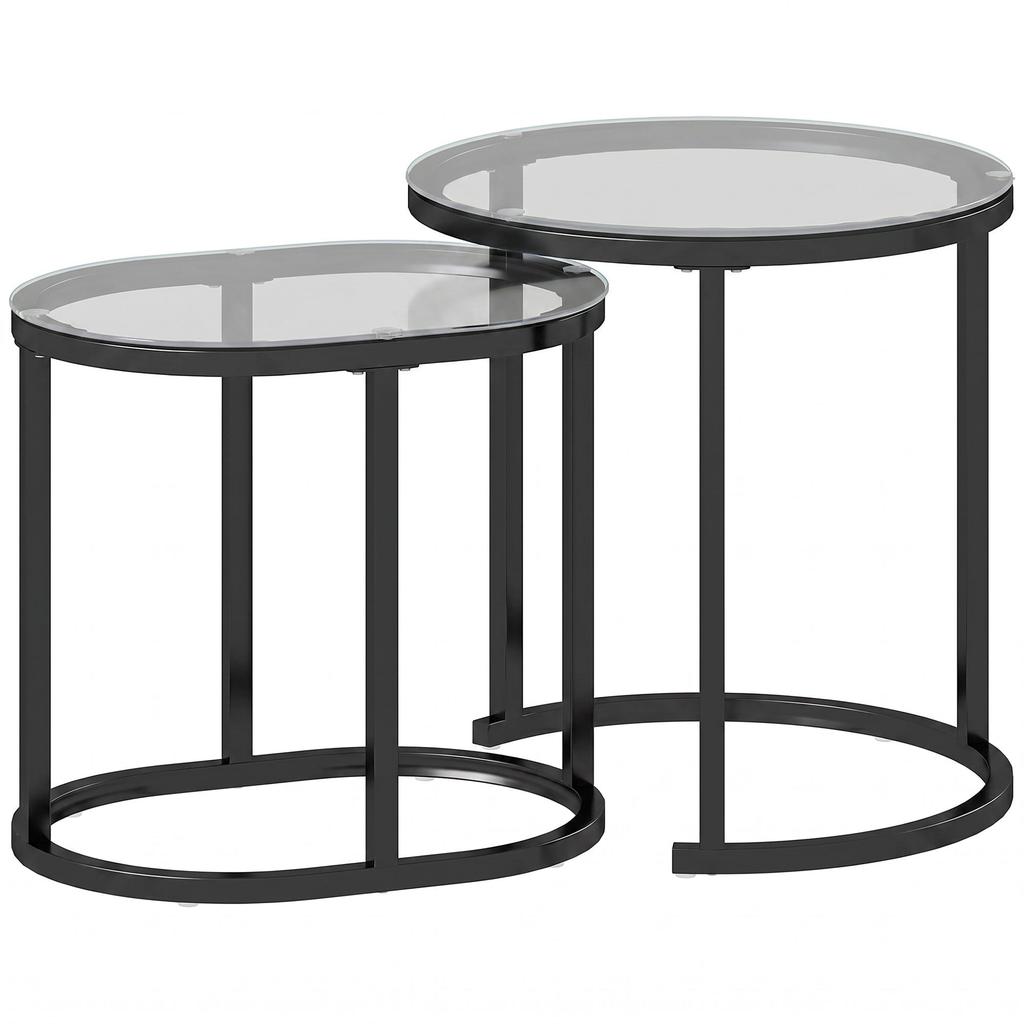 Nest Of Tables With Steel Frame And Tempered Glass Tabletop Modern Coffee Table Set Of 2 Black