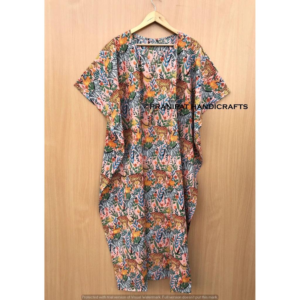 Baumwolle Damen Sommer Hippie Nachtwäsche Dschungel Print Pfirsich Langes Maxi Kaftan Kleid CKFTN-SCRN-FULL-BUYIT-086
