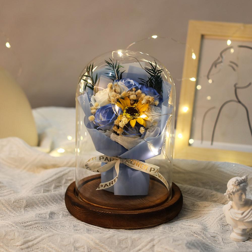 Soap Flower Rose Bouquet Simulation Bouquet Glass Cover Night Light Ornament Valentine's Day Gift